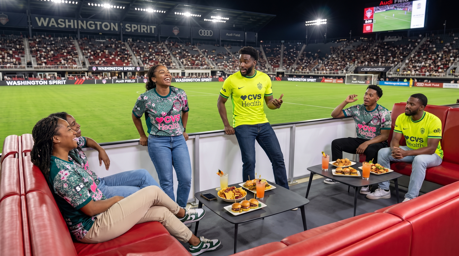 Guests in Washington Spirit jerseys talking over food and drinks in a fieldside loge at Audi Field, the pitch and floodlit stands behind them